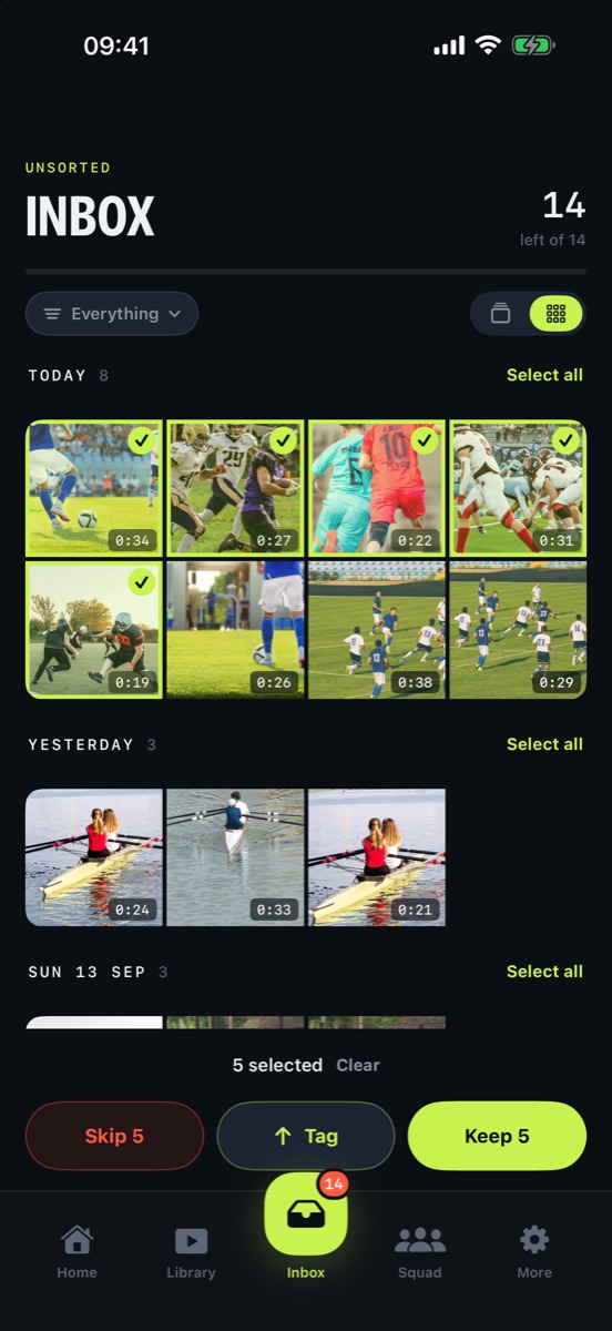 Grid view with a day's clips selected to keep in one go.