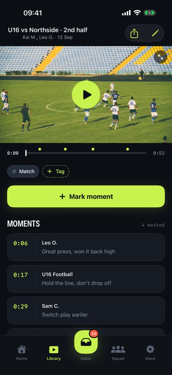 A match clip with coaching moments pinned to the timeline.