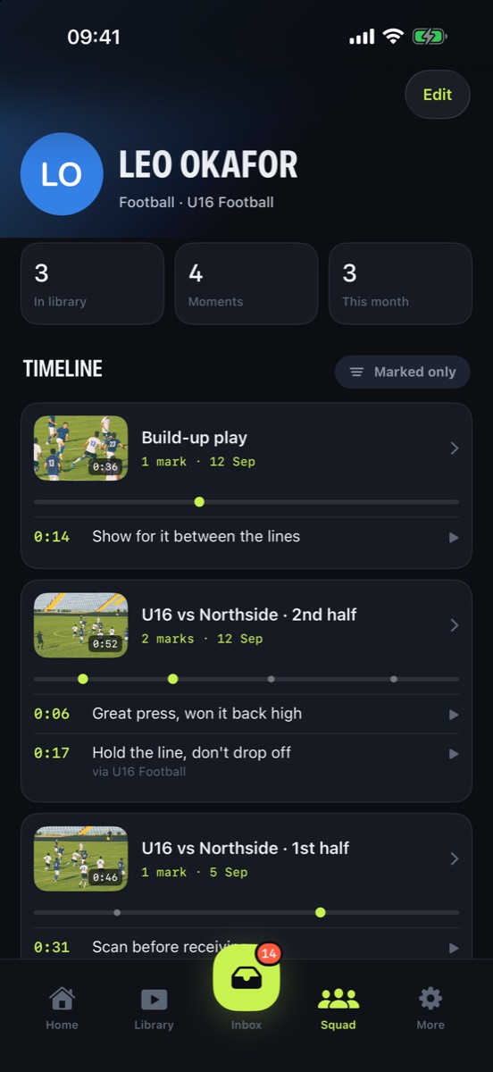 An athlete profile showing a timeline of clips and coaching notes.